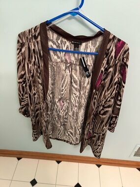 new directions Maroon Trim Animal-Print Open Cardigan with Pink Hints
